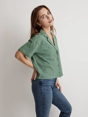 Madewell Trellis Green Crinkle Knit Button Front Top Size M Textured